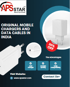 APS Star original mobile chargers and data cables in India – fast charging, durable quality, wide compatibility – promotional banner with 30% discount offer.
